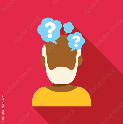 Senior man experiencing memory problems, dementia, and confusion with question marks above his head