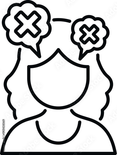 Woman having an anxious moment or confusion due to negative thoughts shown with cross icons