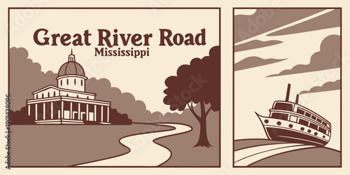 Great River Road Mississippi Art: Vintage Capitol Building & Steamboat River Illustration in Classic Americana Style, U.S, USA, US, United States
