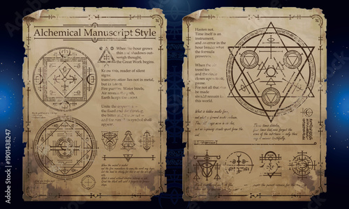 Manuscript template of Dark Fantasy Alchemy Elements for ads, poster, video. Vector Illustration EPS10