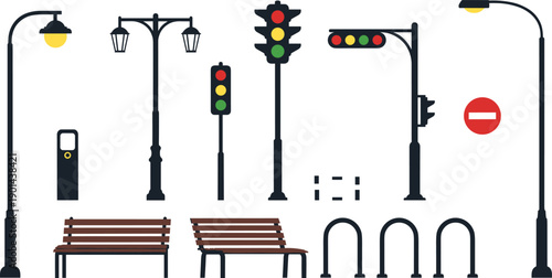 Collection of urban street furniture and traffic signals on a white background Keywords: street light, lamp post, traffic light