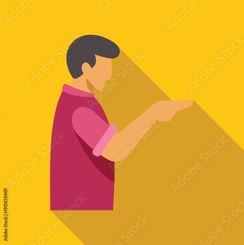 Man extending hand in pointing gesture sideways against yellow background