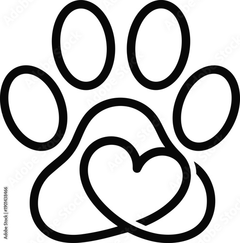 Dog Paw Print with Intertwined Heart Outline on White Background untitled