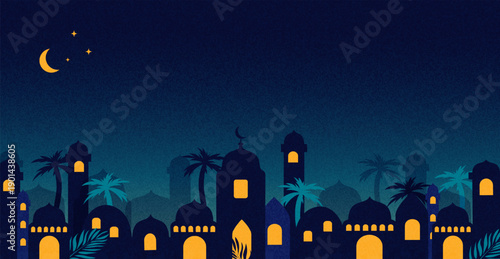 Ramadan Night Illustration with Islamic City Skyline, Mosque Silhouettes, glowing windows, palm trees and crescent moon. Elegant background for greeting cards, banners, posters and social media.