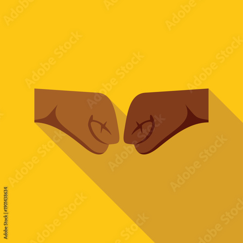 Two dark skinned hands giving a friendly fist bump on a yellow background