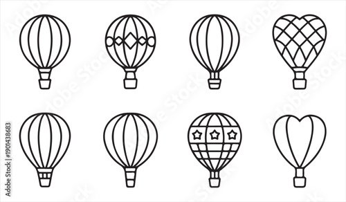 Hot air balloon outline icon set with flying travel symbols
