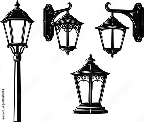 Set of vintage black silhouette street lamps and lanterns on a white background Keywords: street lamp, lantern, lamp post