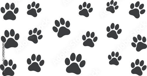 Scattered dark gray dog paw prints on a white background Keywords: dog paw prints, paw prints, animal, pet, canine, scattered