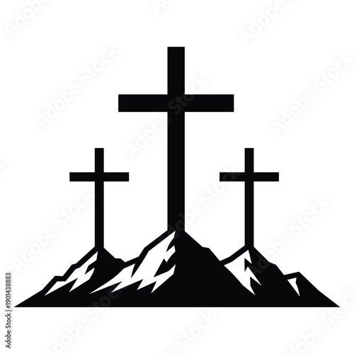 Christian Cross on Mountain Vector Illustration with Three Crosses, Faith and Resurrection Symbol Design.
