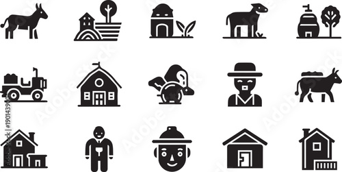 Set of Minimalist Agriculture Icons Featuring Farm Animals Rural Housing and Farmer Silhouette Graphic Symbols for Countryside Living