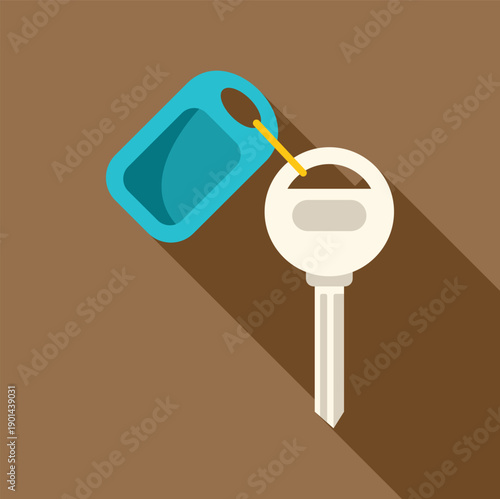 Car key with a blue blank keychain tag on a brown background, flat design illustration
