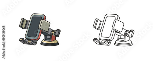 Car phone holder in cartoon and line art style with red grey and white colors used for securely mounting mobile devices on windshields or dashboards for handsfree navigation