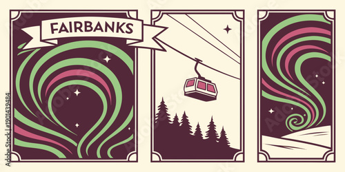 Fairbanks Alaska Wall Art – Northern Lights, Cable Car & Snowy Landscape Triptych in Aurora Borealis Style, U.S, USA, US, United States
