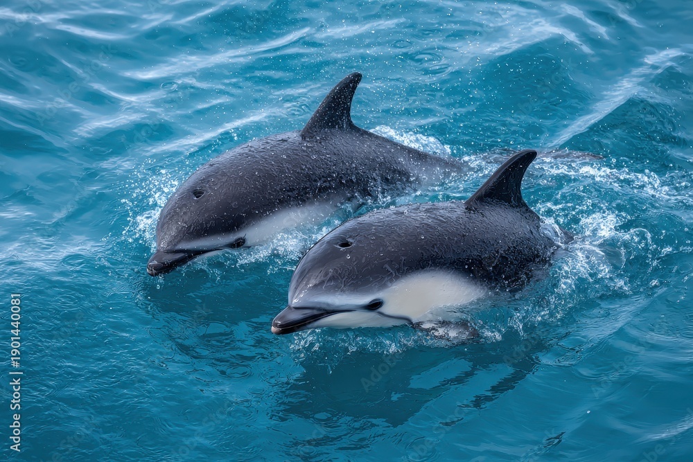 Fototapeta premium Hectors dolphins swim together in calm blue waters as mother cares for her endangered baby calf in New Zealand