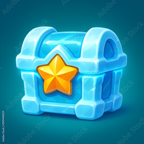 3D blue ice treasure chest with golden star emblem and frost