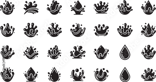 Set of Minimalist Water Drop and Splash Icons Featuring Diverse Liquid Impact Ripples and Moisture Silhouette Graphic Elements