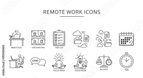 Collection of minimalist outline icons illustrating essential concepts and tools for modern remote work productivity management.