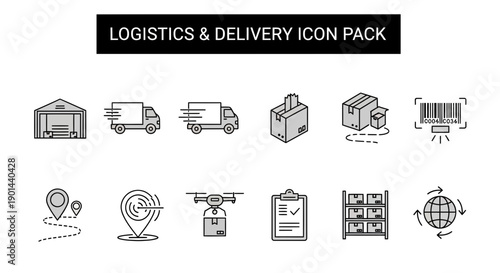 Collection of grayscale line art icons representing various aspects of modern logistics, shipping, supply chain management, and delivery processes.