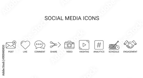 Minimalist line art icons depicting essential social media engagement actions like messaging, liking, and sharing content clearly.