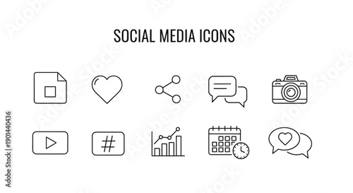 A minimal set of thin line style social media and digital interface icons displayed against a dark background canvas.
