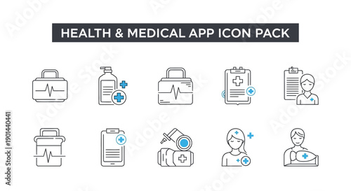 A comprehensive set of clean, minimalist line art icons representing various aspects of digital health and essential medical services applications.