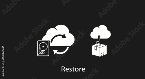 Simple white icon illustrating data restore process from hard drive storage to cloud backup packaging concept