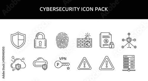 Collection of minimal line art icons representing essential concepts for digital cybersecurity protection and threat awareness concepts.