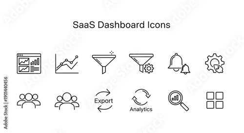 A collection of minimal outline icons representing key software as a service dashboard features including analytics, filtering, and user management components.