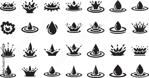 Set of Minimalist Water Drop and Liquid Splash Icons Featuring Diverse Fluid Motion Ripple Effects and Moisture Silhouette Graphic Elements