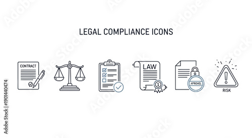 A set of clean line icons illustrates essential legal compliance concepts including contract signing, justice scales, checklists, and risk warnings.