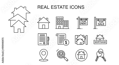 Minimalist line art vector graphic depicting map location pins and navigation markers against a solid black background canvas.