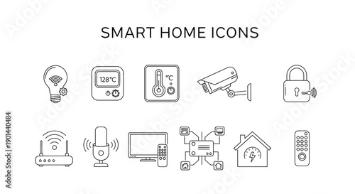 Simple line art icons illustrating concepts of digital security, network connectivity, and data protection against a dark background.