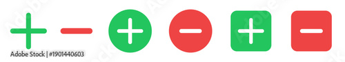 Plus and minus UI action icons. Zoom in and Zoom out symbols shows Add and Remove states. Colored flat symbols for buttons, controls, counters and user interface interactions