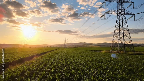 Wallpaper Mural Electricity pylon with power lines in green field at sunset Torontodigital.ca