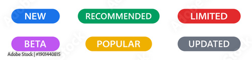 Colored UI status pill labels showing new recommended limited beta popular and updated tags. Rounded badges for app interfaces, web dashboards, product labels and UI highlights