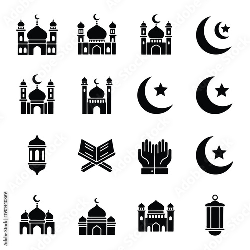 Islamic Religious Icon Set  Mosque Crescent Moon Lantern Quran and Prayer Hands Silhouette Bundle for Ramadan and Eid
