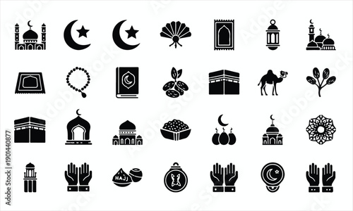 Islamic Elements Icon Bundle  Kaaba Mosque Tasbih Camel Dates and Ramadan Mubarak Religious Symbols Silhouette Set