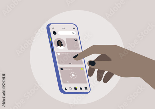 A hand extends towards a mobile phone displaying social media icons, illustrating the act of reaching for likes and connection in the vibrant digital world