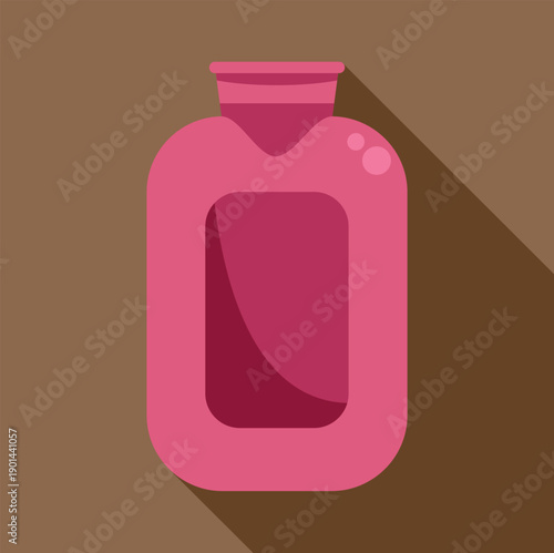 Pink hot water bottle icon with a long shadow providing heat and pain relief