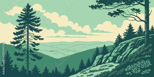 Evergreen Cliffside Landscape – Teal Forest, Rocky Ledge & Rolling Hills Illustration, Serene Wilderness Nature Wall Art, U.S, USA, US, United States
