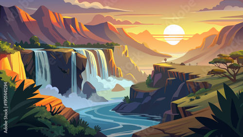 Very beautiful misty sunrise over Epupa Falls along the Kunene River, capturing cascading waterfalls, soft morning light, dramatic cliffs, and the untouched natural border between Namibia and Angola.