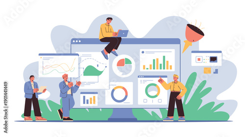 A group of business professionals analyzing data and graphs on a large computer screen in a modern office setting.