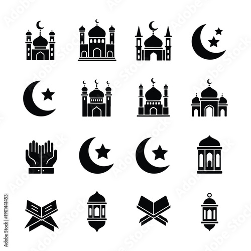 Islamic Religious Icon Set  Mosque Architecture Quran Lantern and Crescent Moon Silhouette Pack for Ramadan and Eid Mubarak Designs
