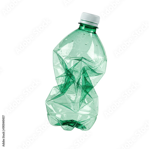 heavily crumpled deep jade green single-use plastic bottle with a white screw cap, residue, and sharp textures, isolated on a stark white studio background, hyper-photorealistic still life concept of