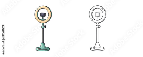 Selfie ring light with phone holder in cartoon and line art style with teal yellow and black colors used for professional lighting during vlogging or streaming on white background