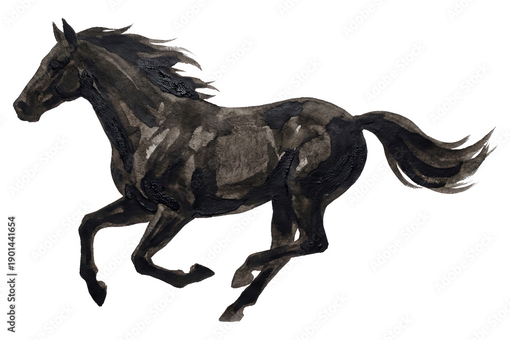 Fototapeta premium Running Black Horse Watercolor Illustration: Elegant Equine Art