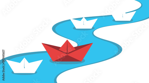 A red paper boat leads a group of white paper boats on a winding blue river