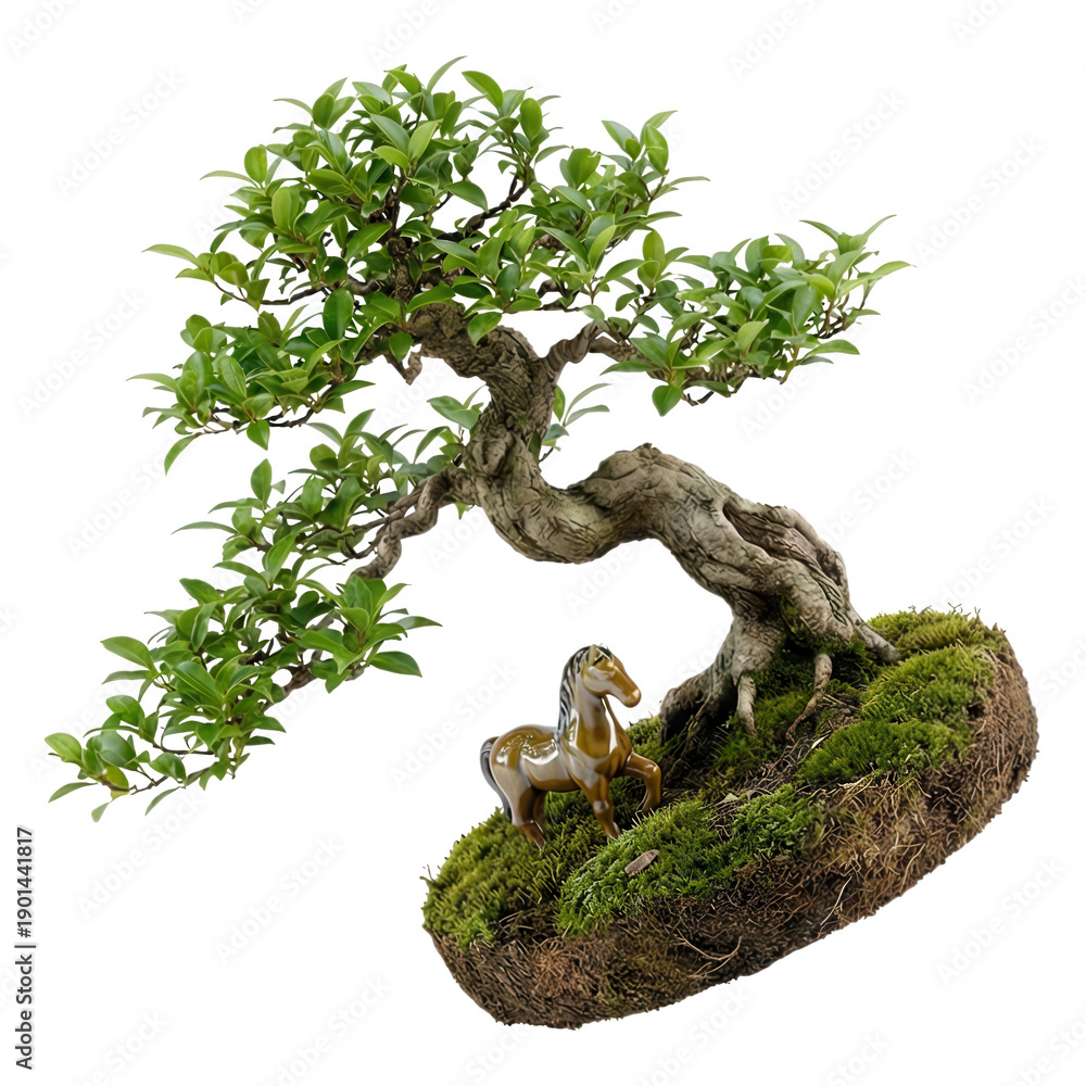 Fototapeta premium Bonsai Tree and Miniature Horse: Nature and Art in Harmony