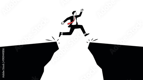 A businessman in a suit jumps over a deep chasm, symbolizing risk and challenge in the corporate world.