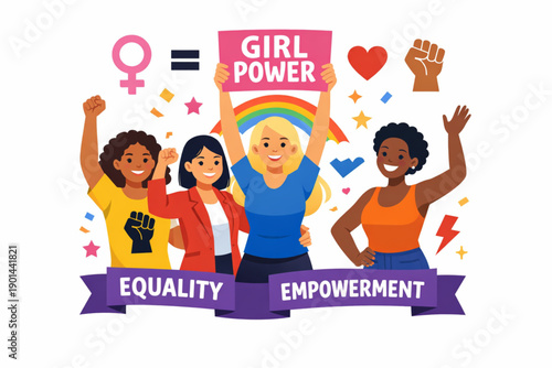 Diverse women celebrate girl power, equality, and empowerment with raised fists and signs